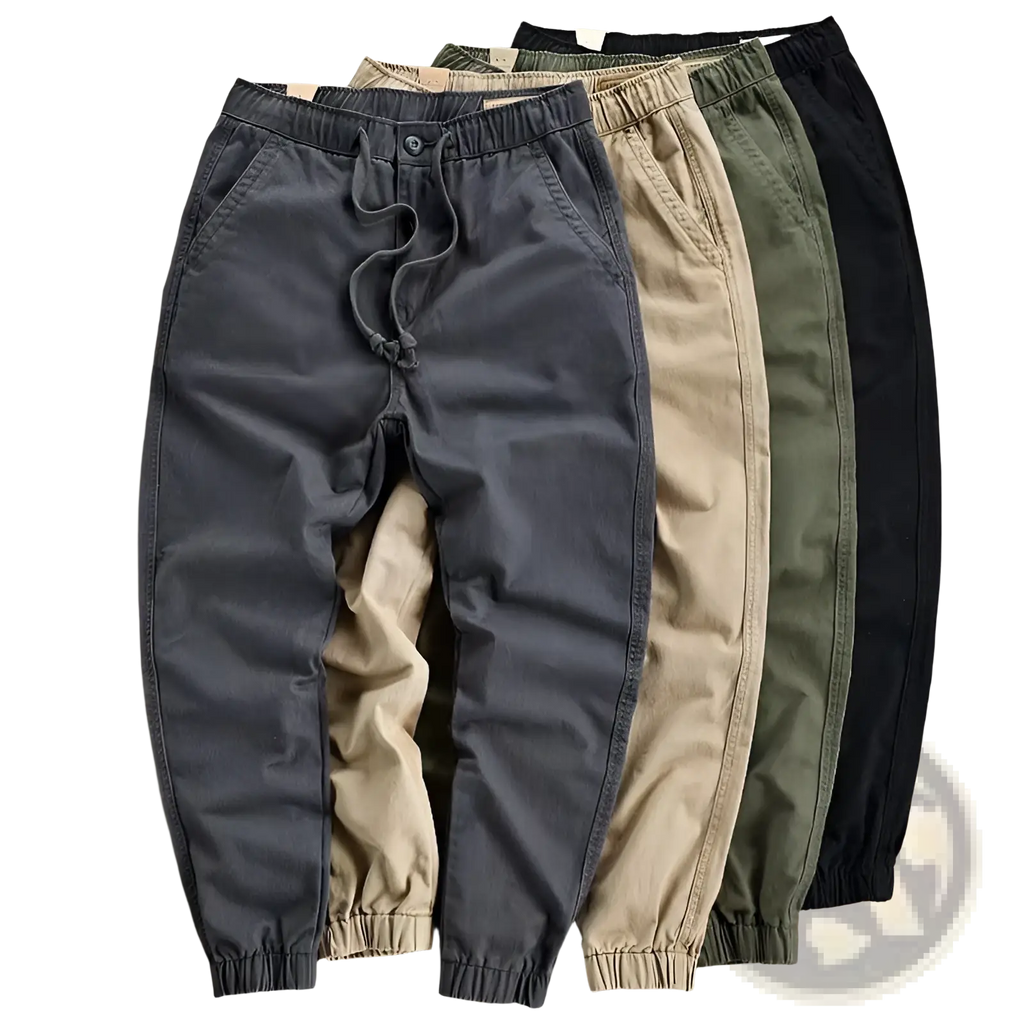 Men’s casual cargo jogger pants in dark gray with drawstring waist elastic cuffs and a relaxed fit