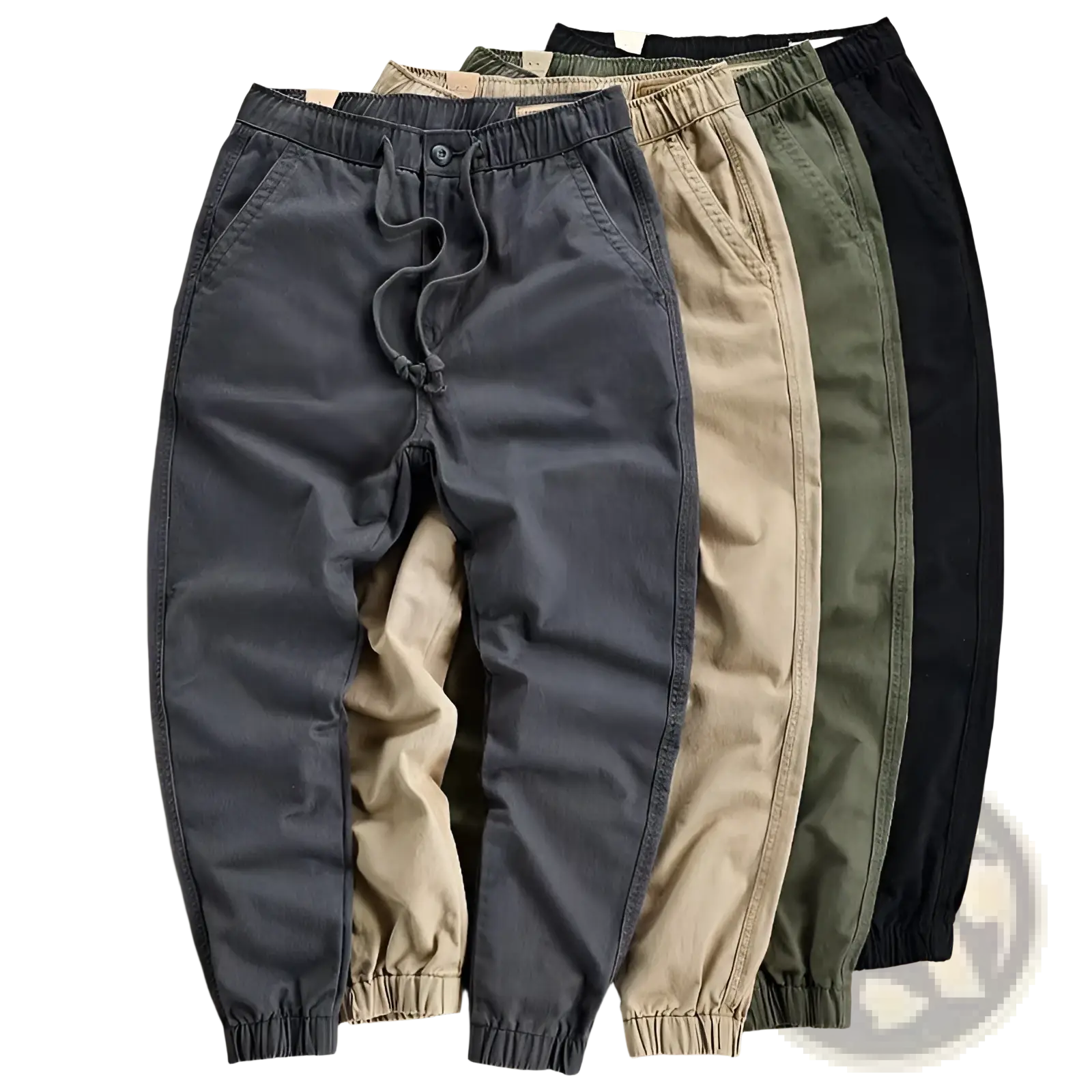 Men’s casual cargo jogger pants in dark gray with drawstring waist elastic cuffs and a relaxed fit