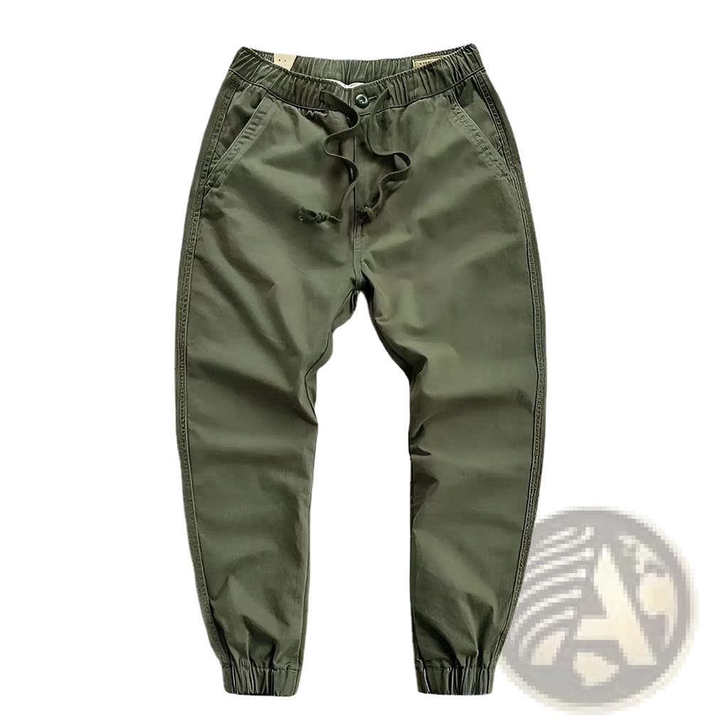 Men’s casual cargo jogger pants in olive green cotton with elastic waistband drawstring and ribbed cuff tapered legs