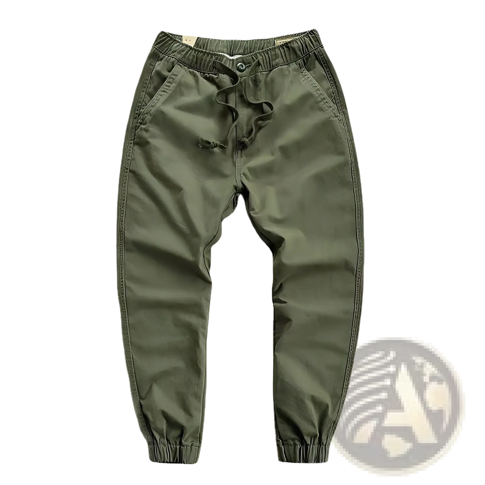 Men’s casual cargo jogger pants in olive green cotton with elastic waistband drawstring and ribbed cuff tapered legs