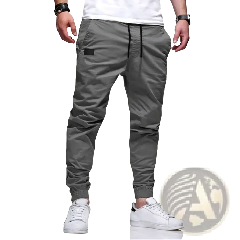 Men’s casual slim fit gray cargo jogger pants with black drawstrings and a black thigh patch for everyday wear