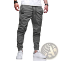 Men’s casual slim fit gray cargo jogger pants with black drawstrings and a black thigh patch for everyday wear