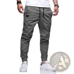 Men’s casual slim fit gray cargo jogger pants with black drawstrings and a black thigh patch for everyday wear