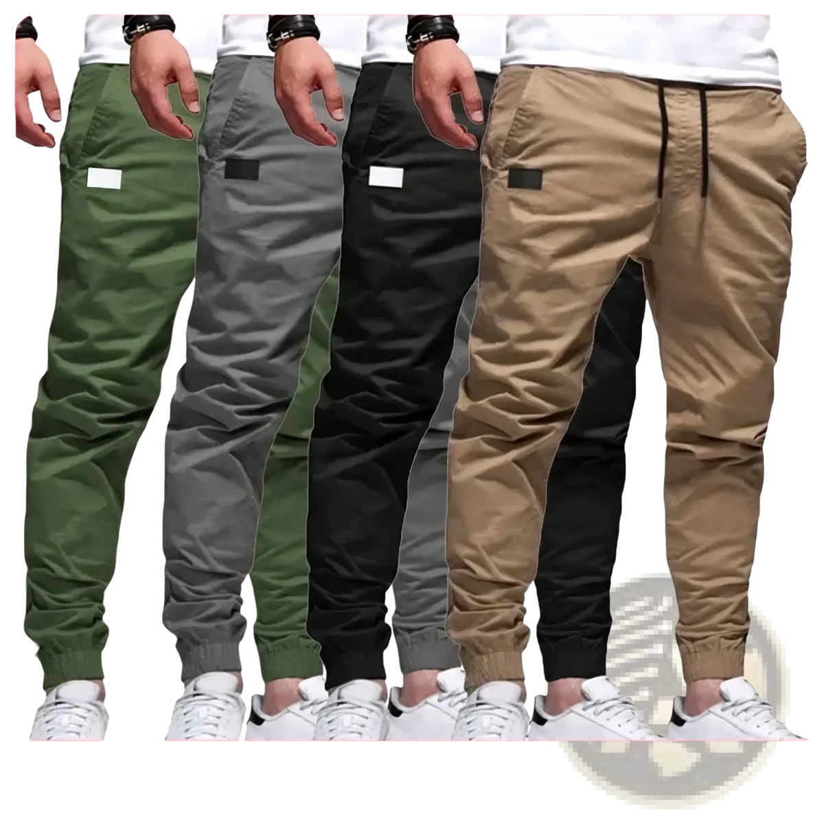 Men’s khaki casual cargo jogger pants with slim fit sweatwear, elastic cuffs, and drawstring waistband
