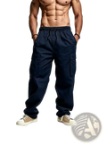 Mens casual cargo joggers loose fit twill pants in navy blue with elastic waistband and multiple side pockets