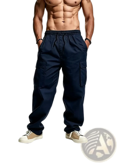 Mens casual cargo joggers loose fit twill pants in navy blue with elastic waistband and multiple side pockets