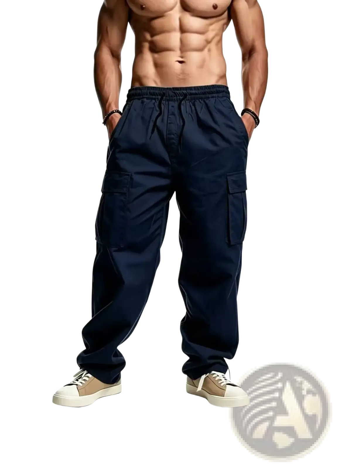 Mens casual cargo joggers loose fit twill pants in navy blue with elastic waistband and multiple side pockets
