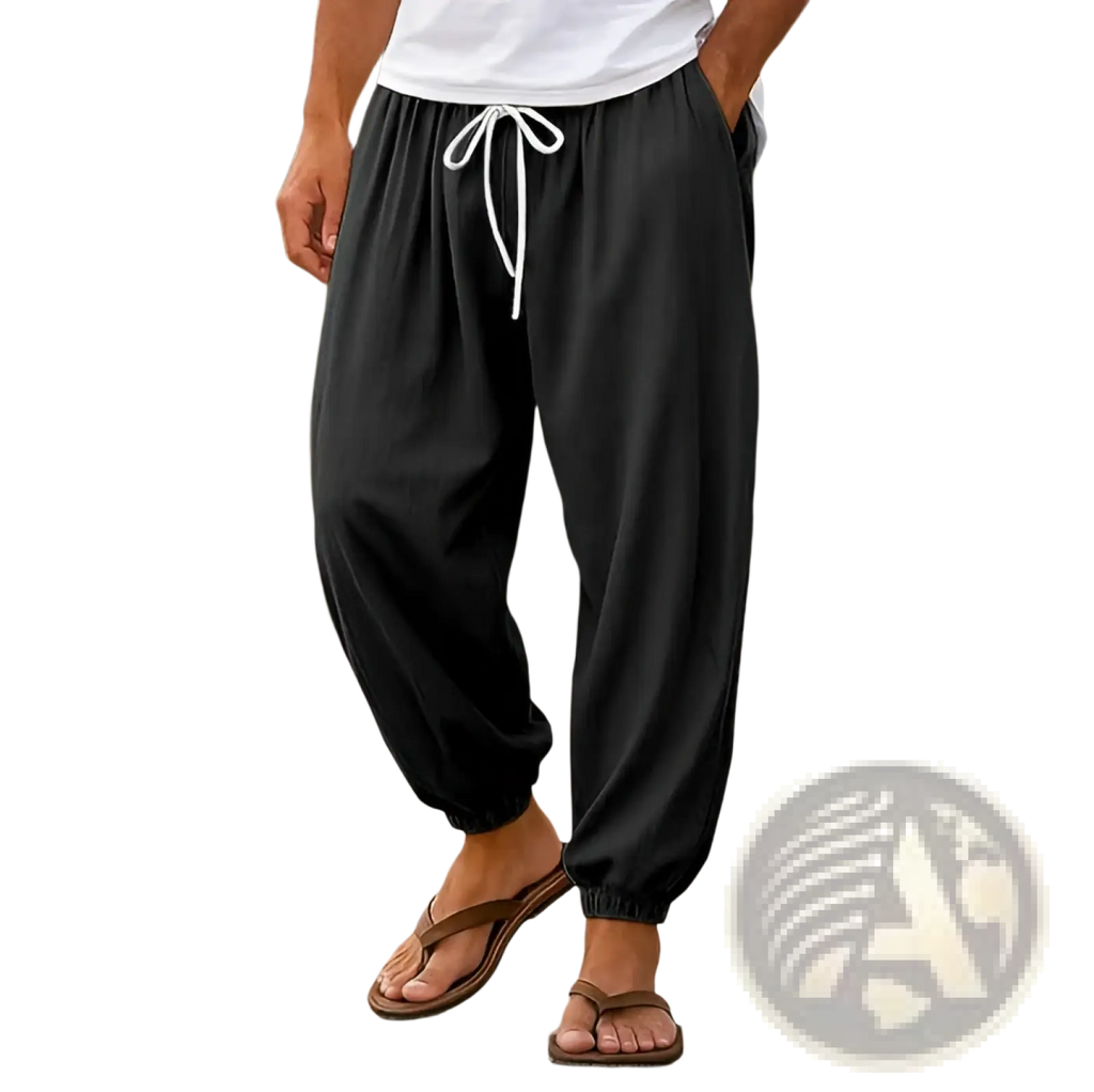 Mens casual cotton beach shorts in black with a relaxed fit, drawstring waist, and elastic cuffs for comfort