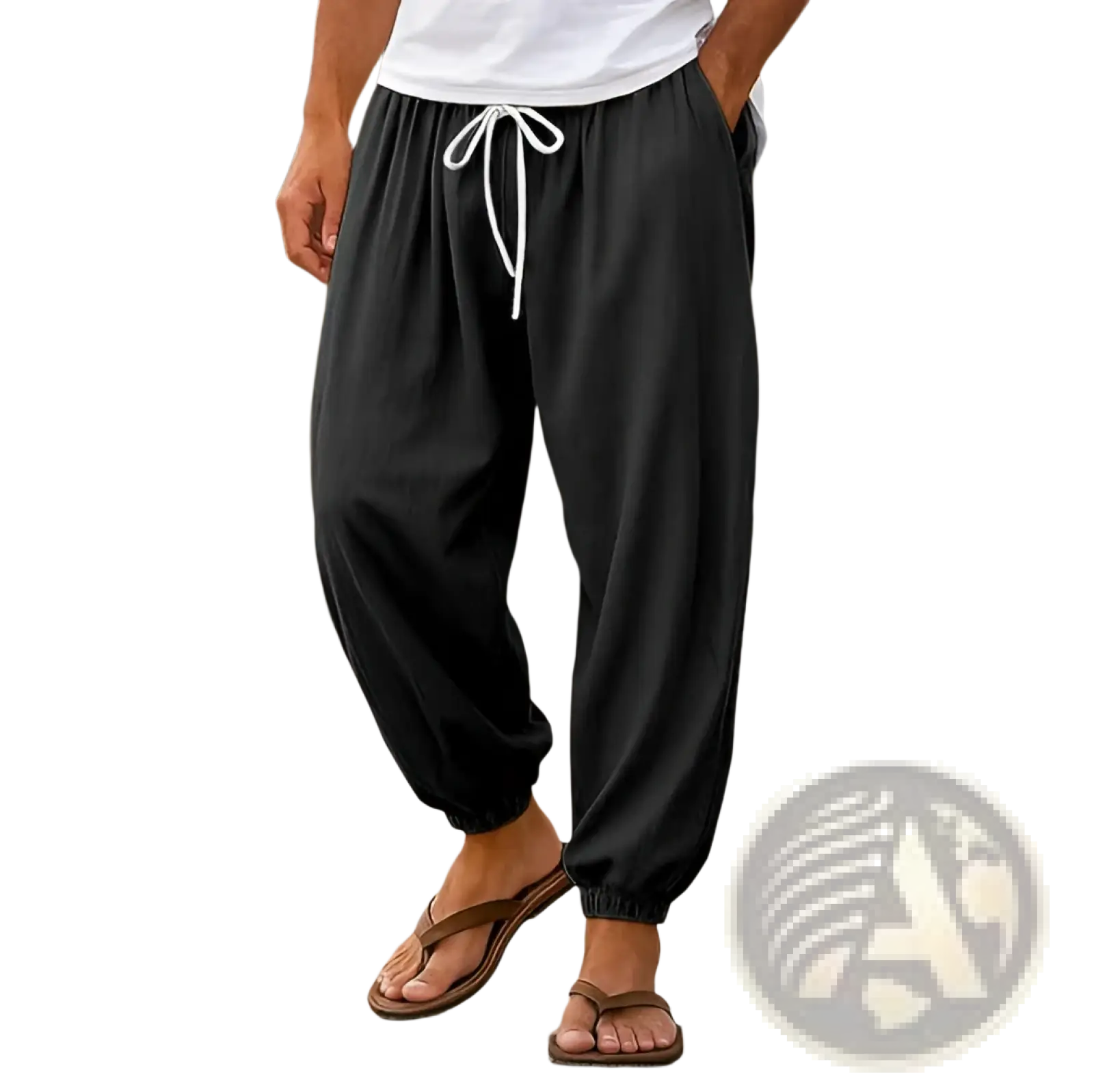 Mens casual cotton beach shorts in black with a relaxed fit, drawstring waist, and elastic cuffs for comfort