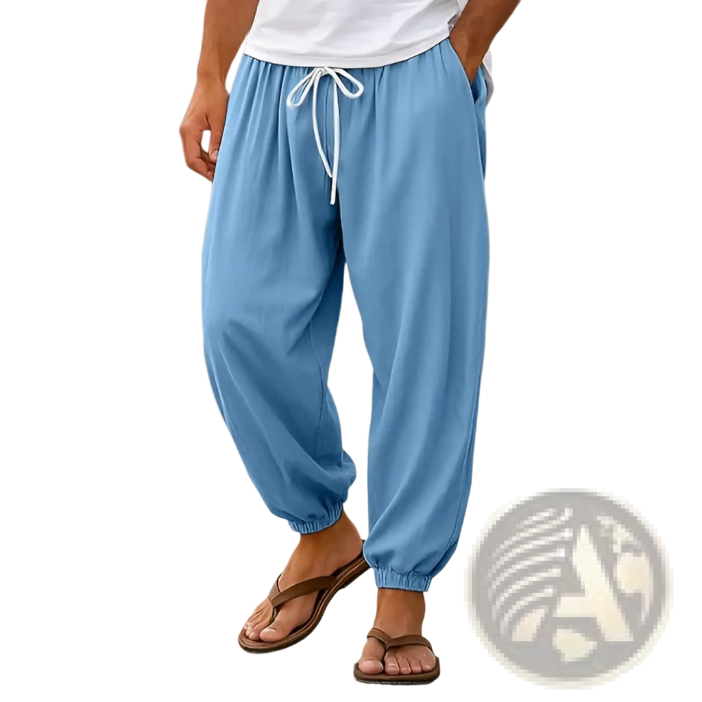 Mens casual cotton beach shorts in light blue with loose fit white drawstring waistband and elastic cuffs