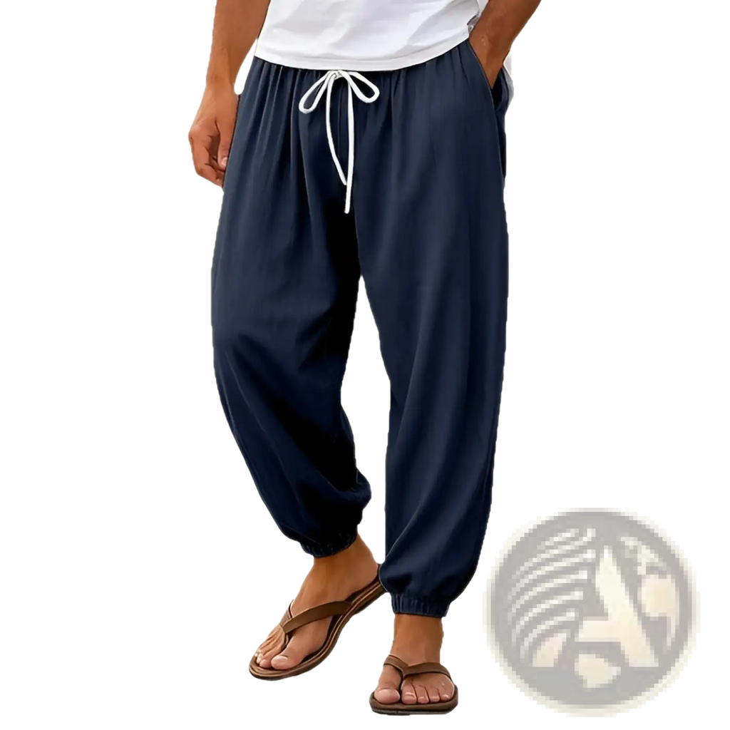 Navy blue mens casual cotton beach shorts with loose fit drawstring waist white cord and elastic cuffs