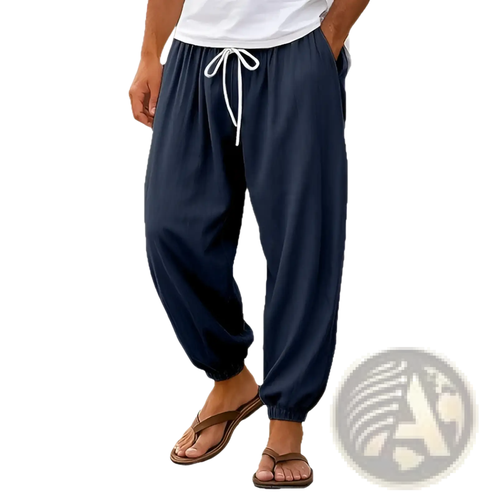 Navy blue mens casual cotton beach shorts with loose fit drawstring waist white cord and elastic cuffs