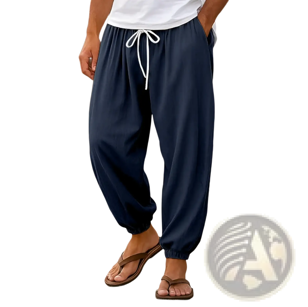Mens casual cotton beach shorts in navy blue with white drawstring waistband and elastic cuffs for comfort