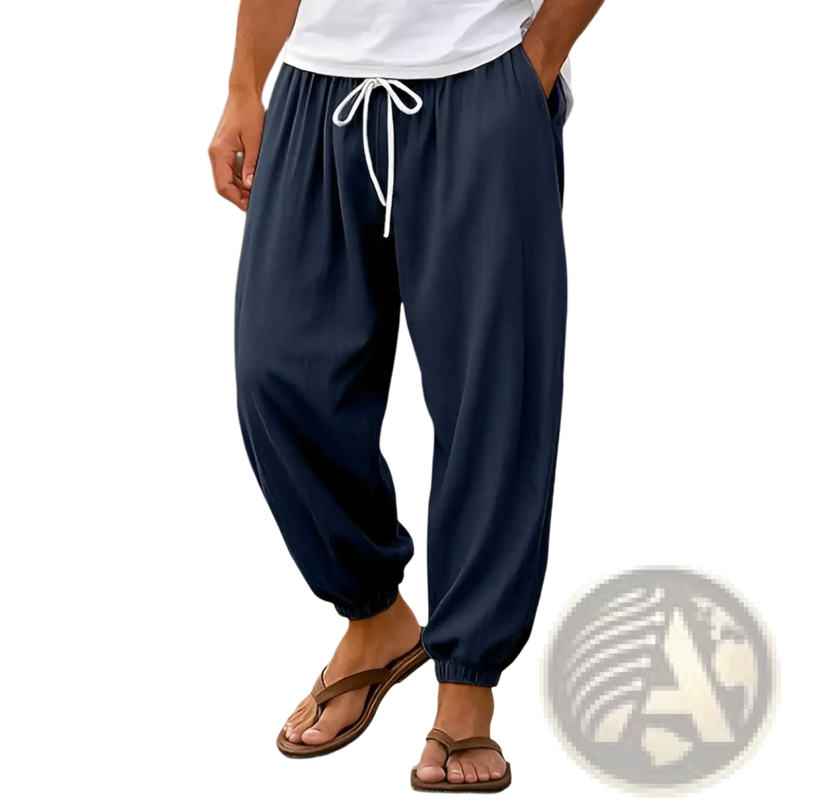 Mens casual cotton beach shorts in navy blue with white drawstring waistband and elastic cuffs for comfort