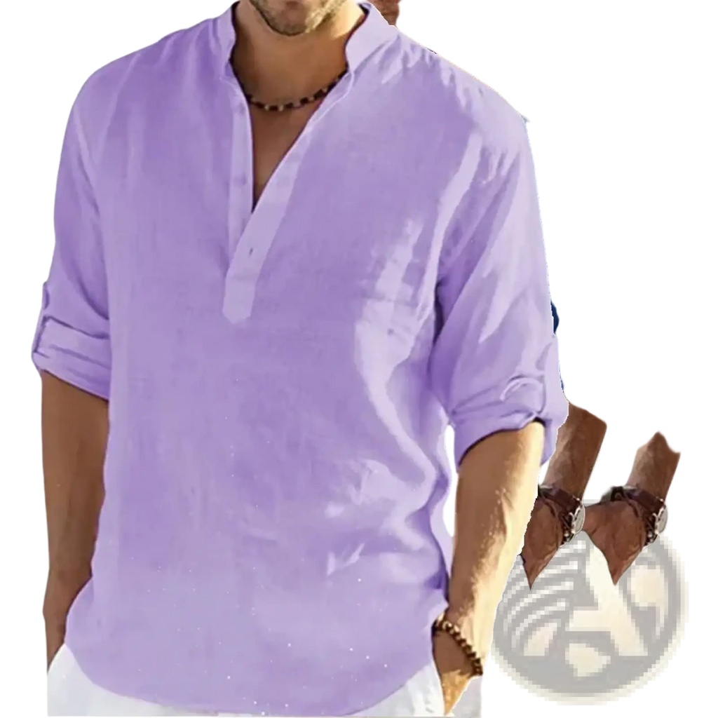 Mens casual cotton long sleeve t shirt in light purple linen with v neck and rolled up sleeves