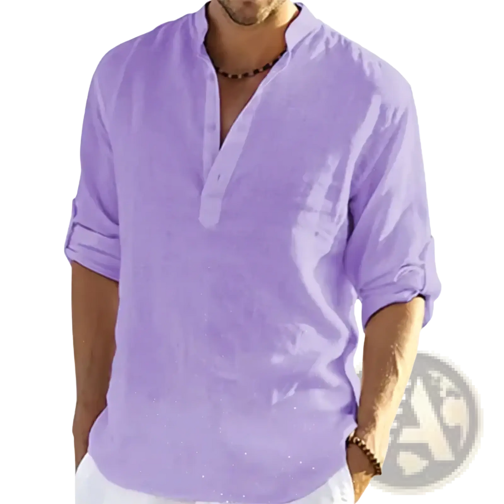 Mens casual cotton long sleeve tshirt in light purple linen with v neck and rolled up sleeves for a relaxed fit
