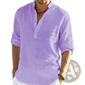 Mens casual cotton long sleeve tshirt in light purple linen with v neck and rolled up sleeves for a relaxed fit