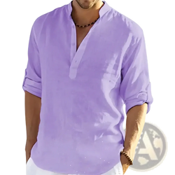 Mens casual cotton long sleeve tshirt in light purple linen with v neck and rolled up sleeves for a relaxed fit