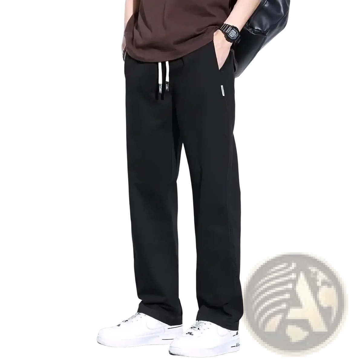 Men’s casual black tapered jogger pants with white drawstrings and a small white logo on the thigh