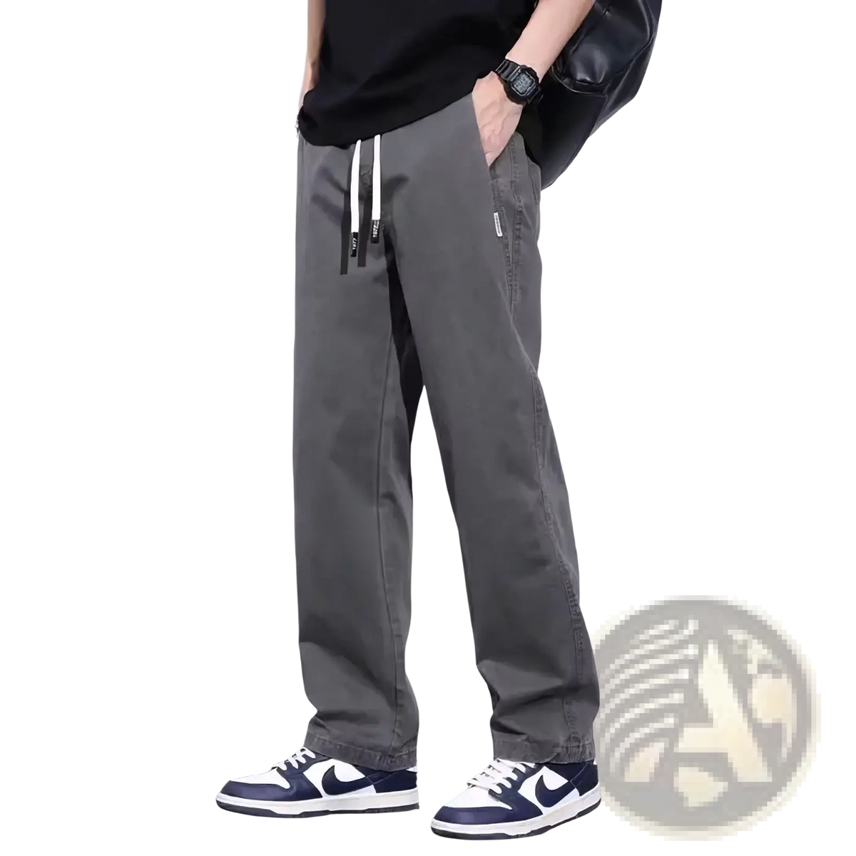 Men’s casual gray cargo pants with white drawstrings and subtle side pockets designed for everyday wear