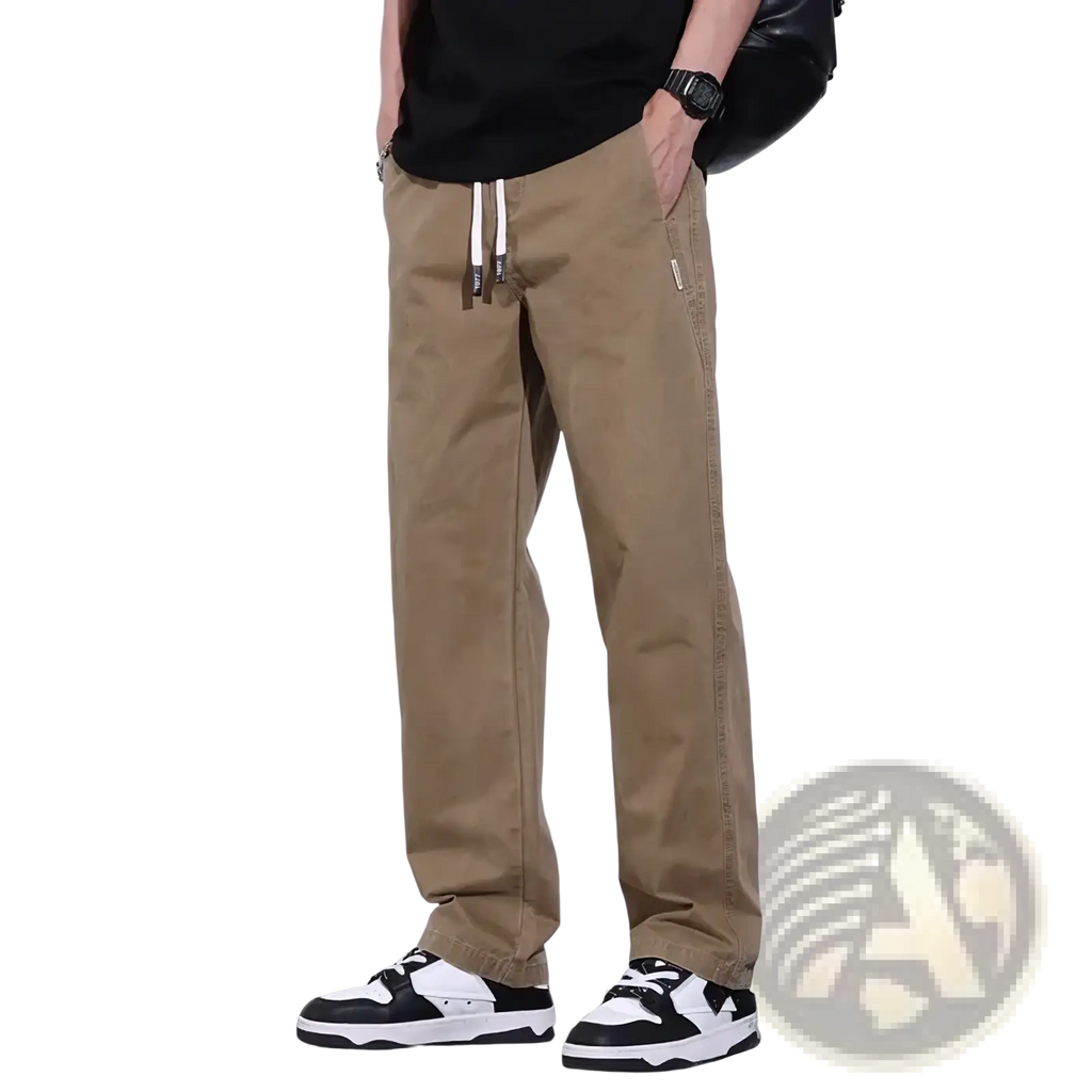 Men’s casual beige cargo pants with white drawstrings and subtle side pockets for versatile everyday wear