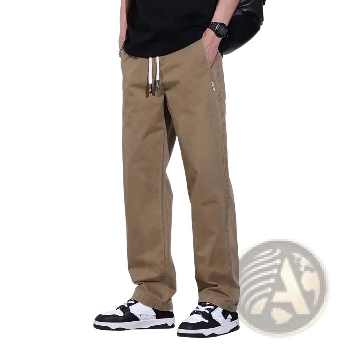 Men’s casual beige cargo pants with white drawstrings and subtle side pockets for versatile everyday wear