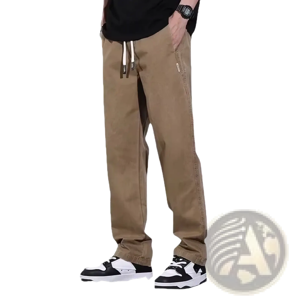 Men’s casual drawstring cargo pants in khaki with relaxed fit and side pockets for comfortable everyday wear