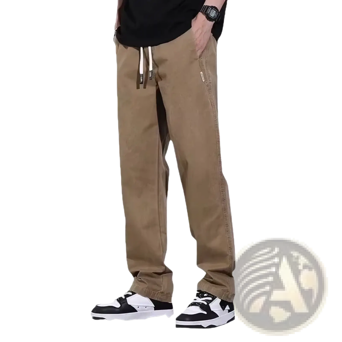 Men’s casual drawstring cargo pants in khaki with relaxed fit and side pockets for comfortable everyday wear