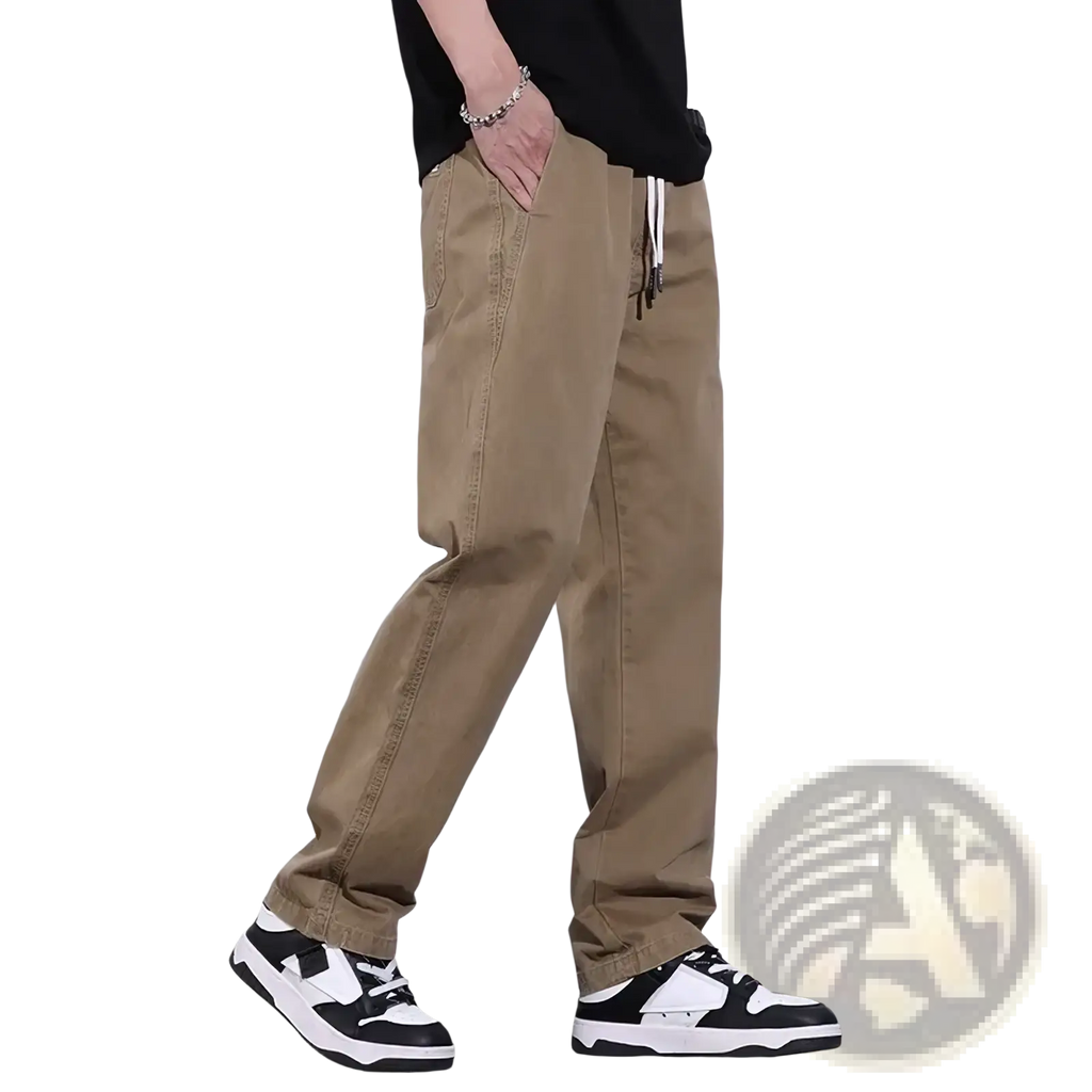 Men’s casual khaki cargo pants with a relaxed fit, drawstring waist, and visible stitching details