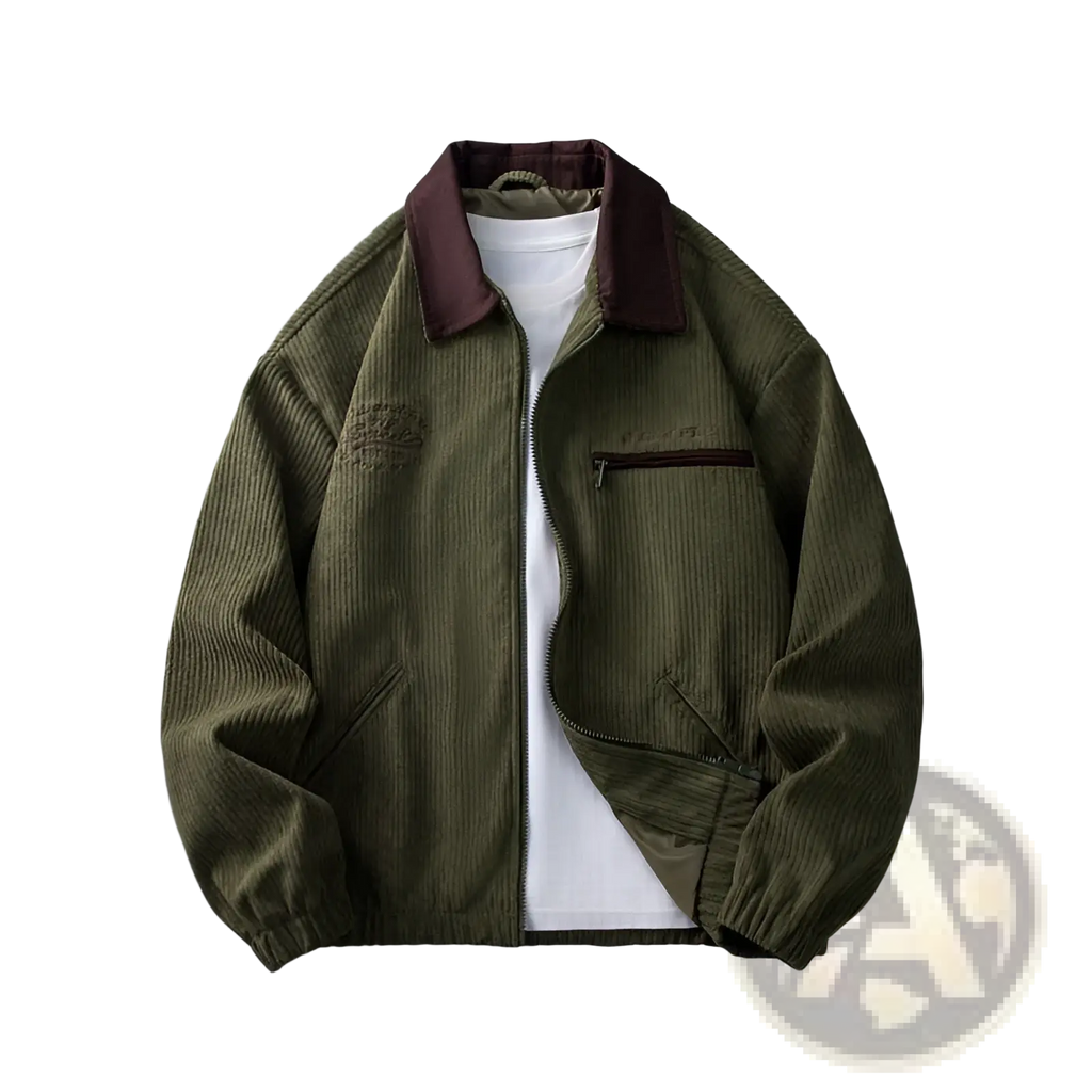 Men’s casual embroidered olive green corduroy zip jacket with contrasting dark brown collar and zipper details
