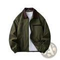 Men’s casual embroidered olive green corduroy zip jacket with contrasting dark brown collar and zipper details