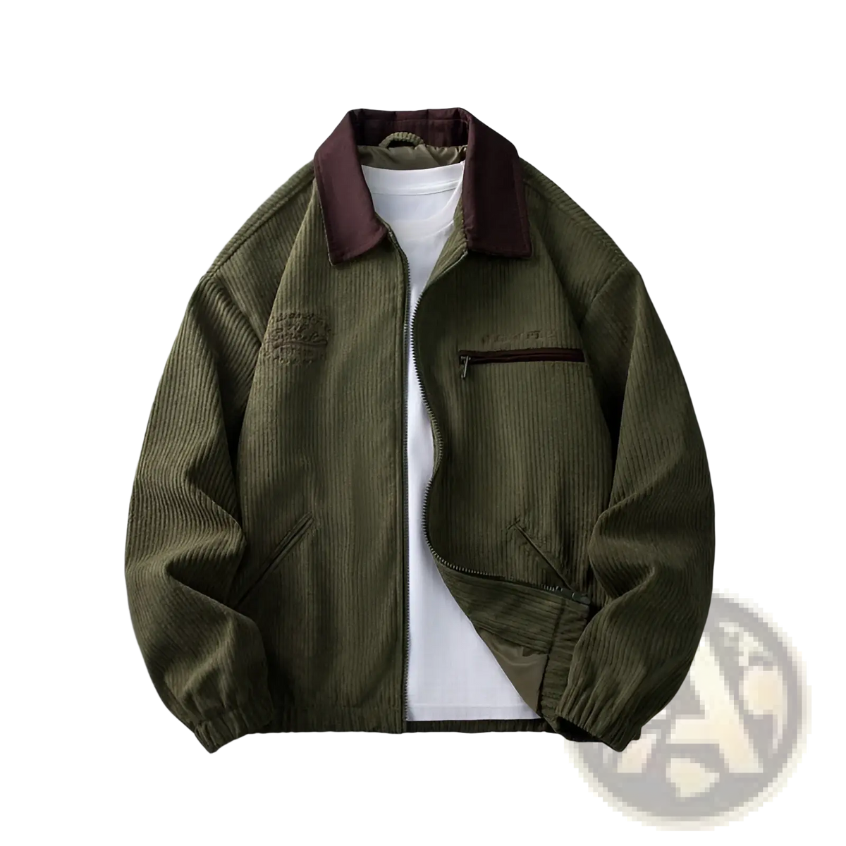 Men’s casual embroidered olive green corduroy zip jacket with dark brown collar and zipper details