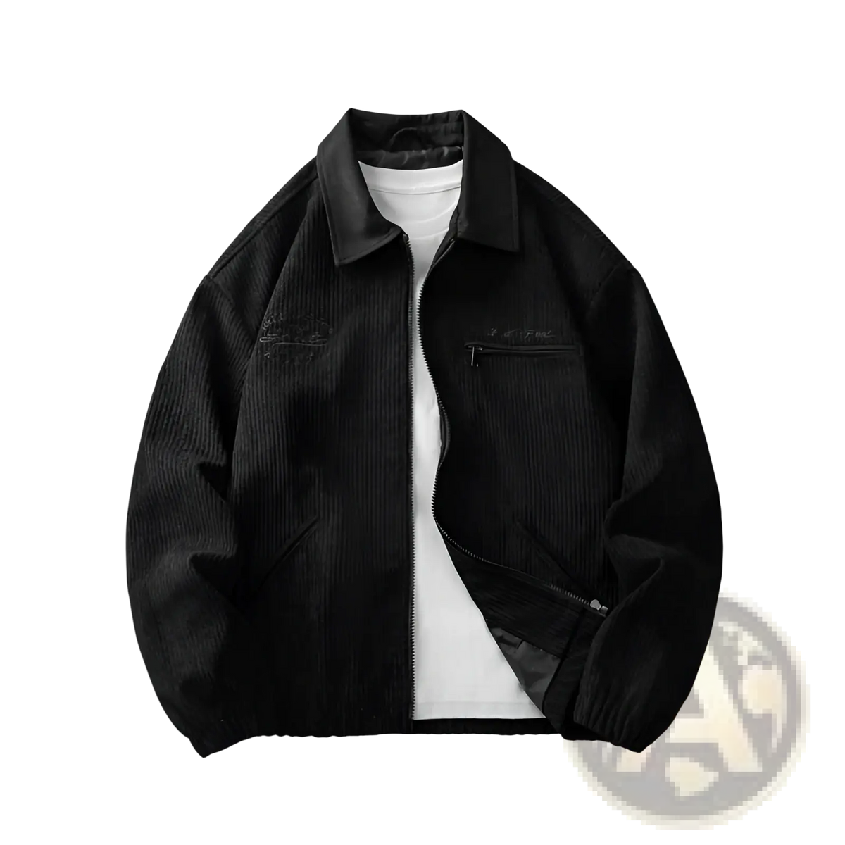 Men’s casual black corduroy zip jacket with collar and subtle embroidered details on the chest