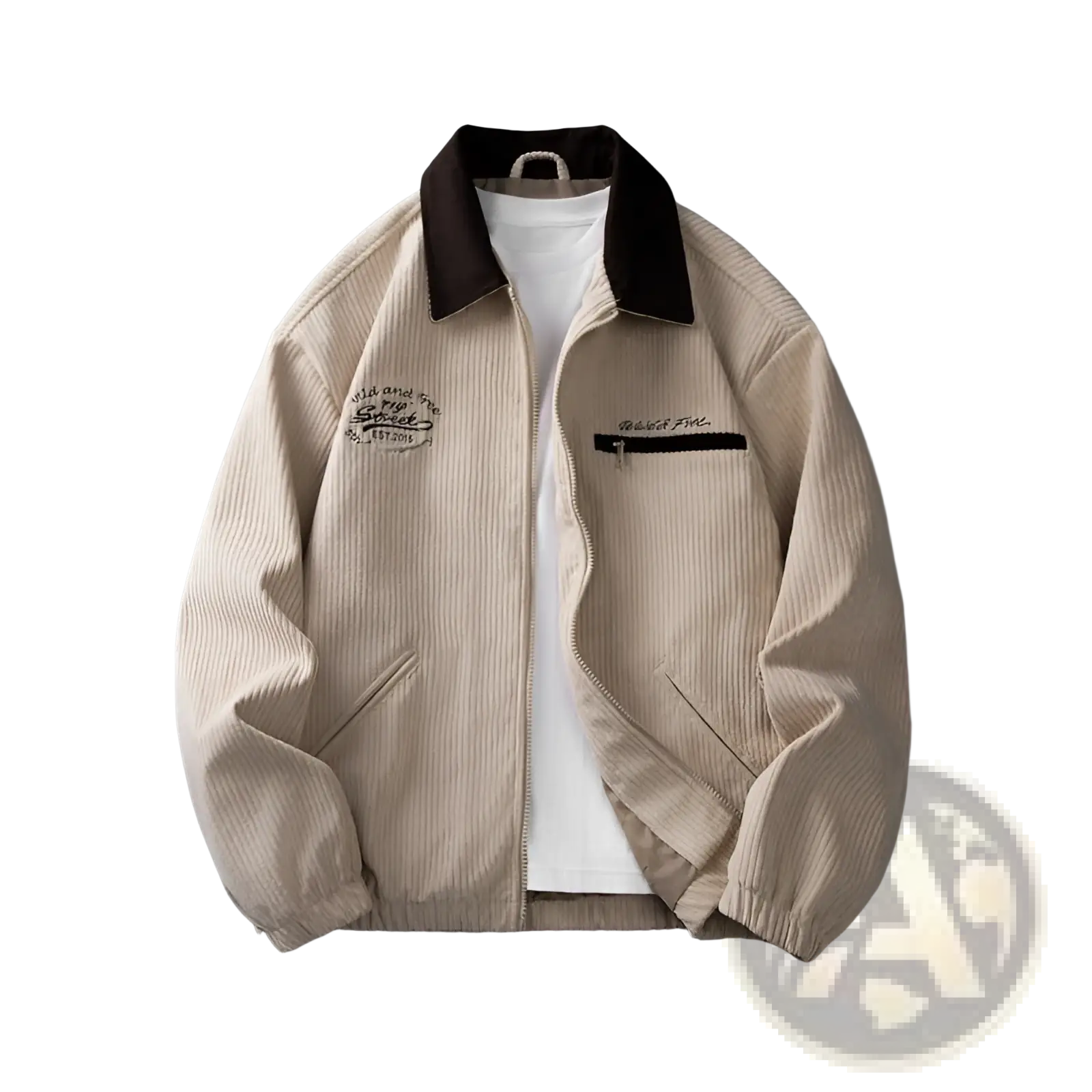 Men’s casual embroidered beige corduroy zip jacket with dark brown collar and patch on left chest