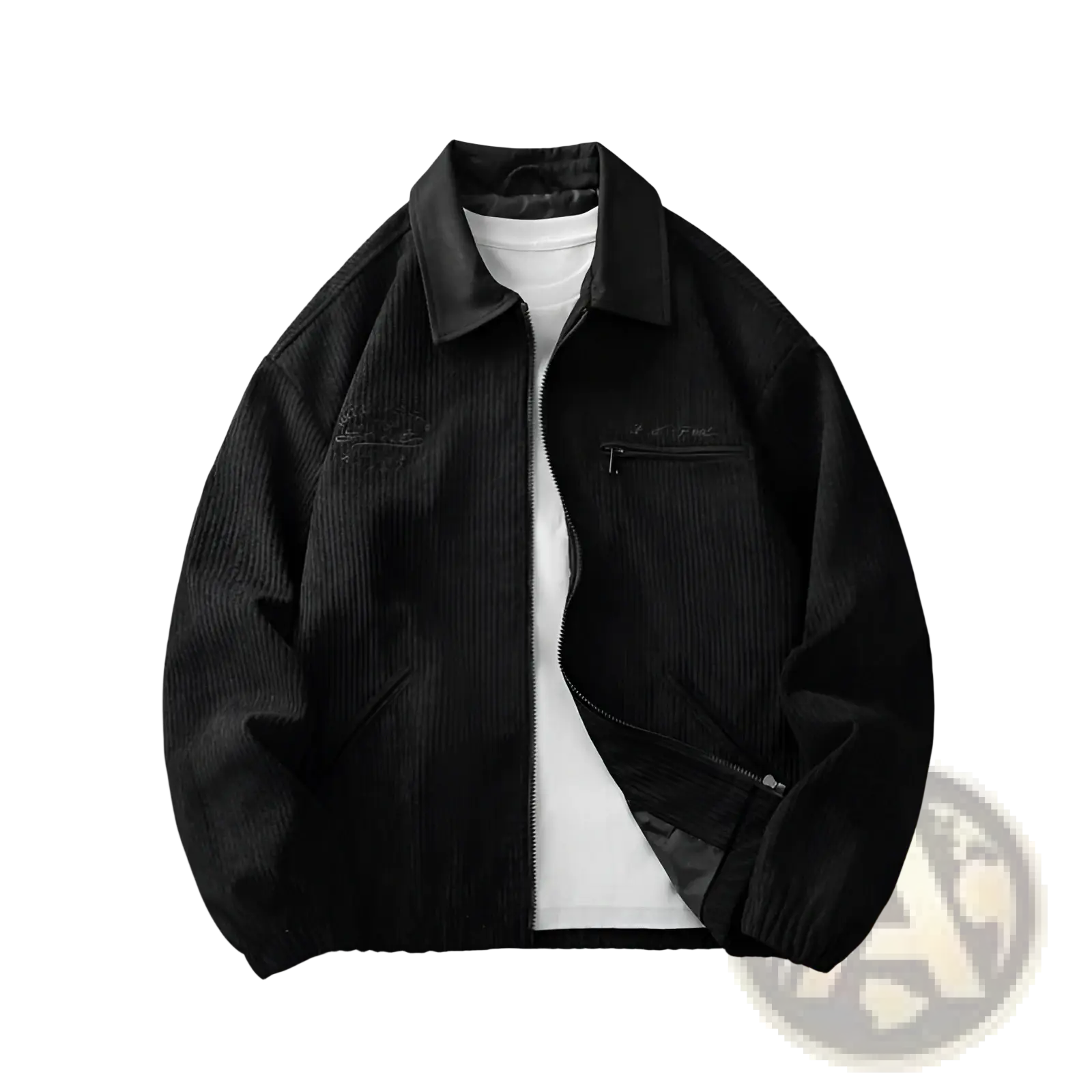 Men’s casual black corduroy zip jacket with collar and subtle embroidered chest details for everyday wear