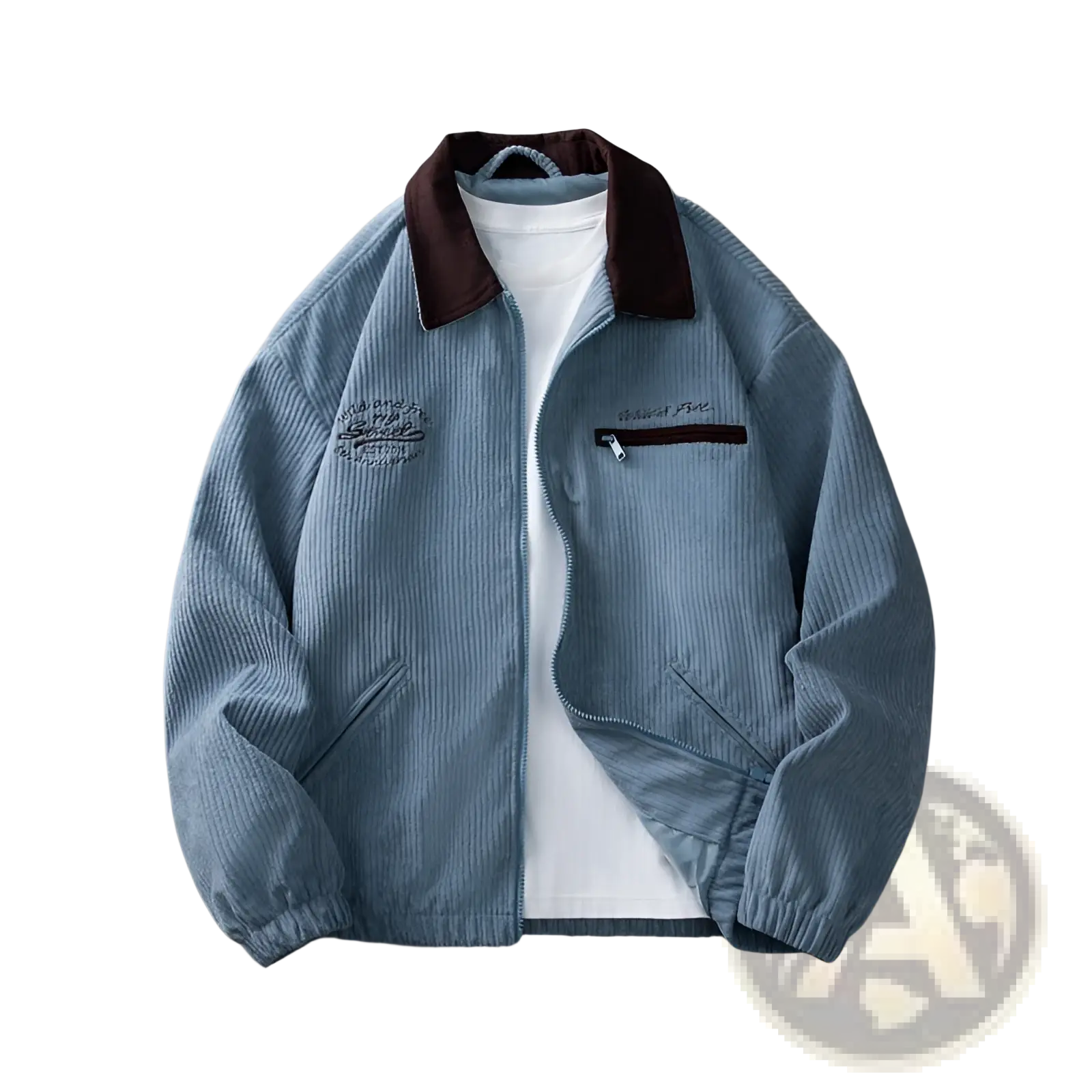 Men’s casual light blue corduroy zip jacket with dark brown collar and embroidered logo on the chest