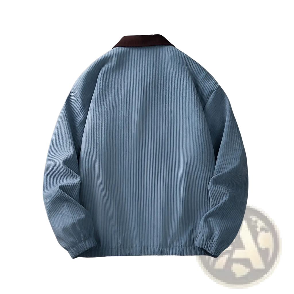 Men’s casual embroidered corduroy zip jacket in light blue with contrasting dark brown collar
