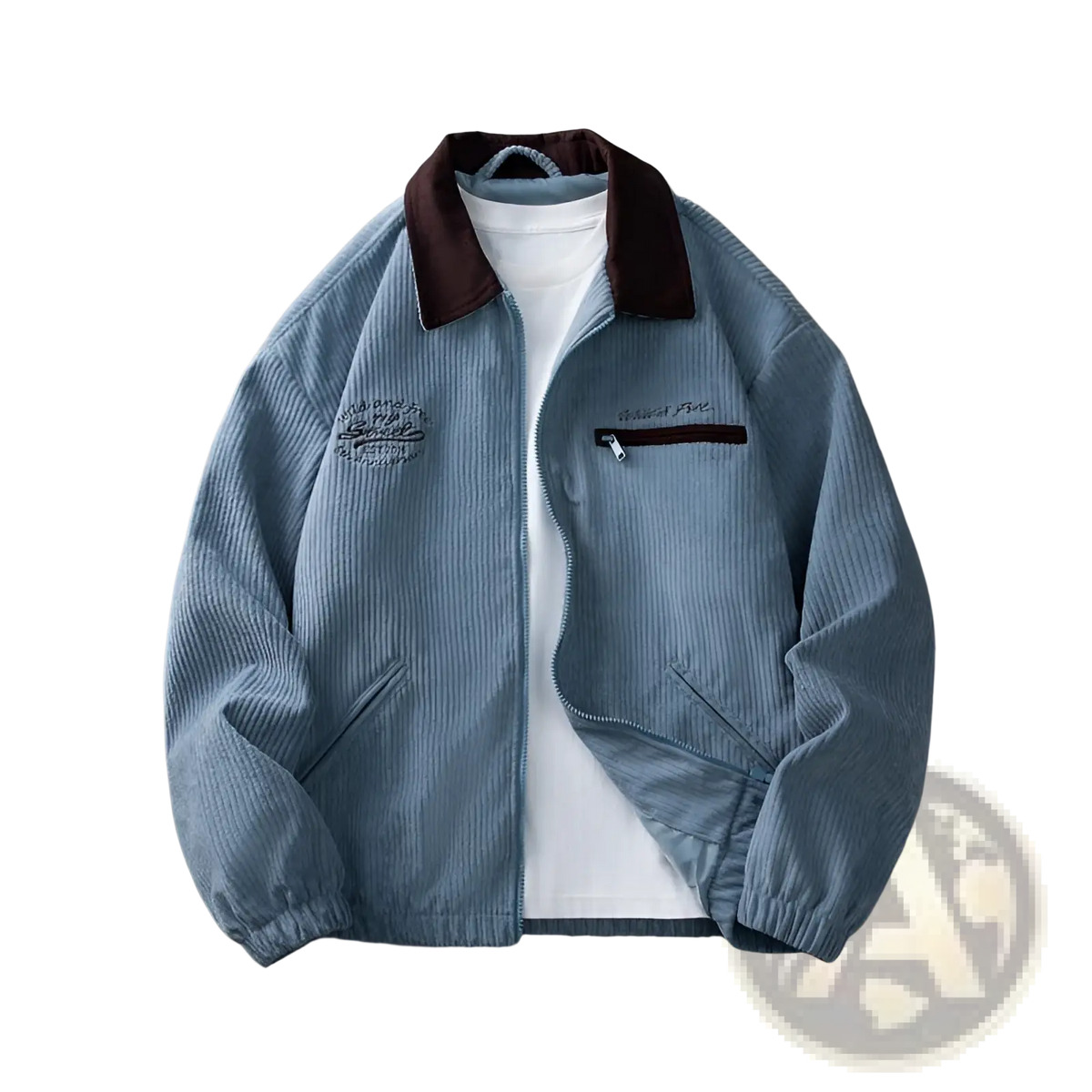 Men’s casual zip corduroy jacket in light blue with dark brown collar and embroidered logo on the chest