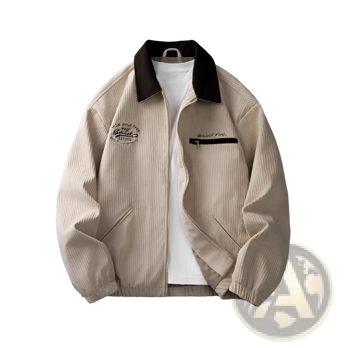 Men’s casual embroidered corduroy zip jacket in beige with a dark brown collar and chest patches