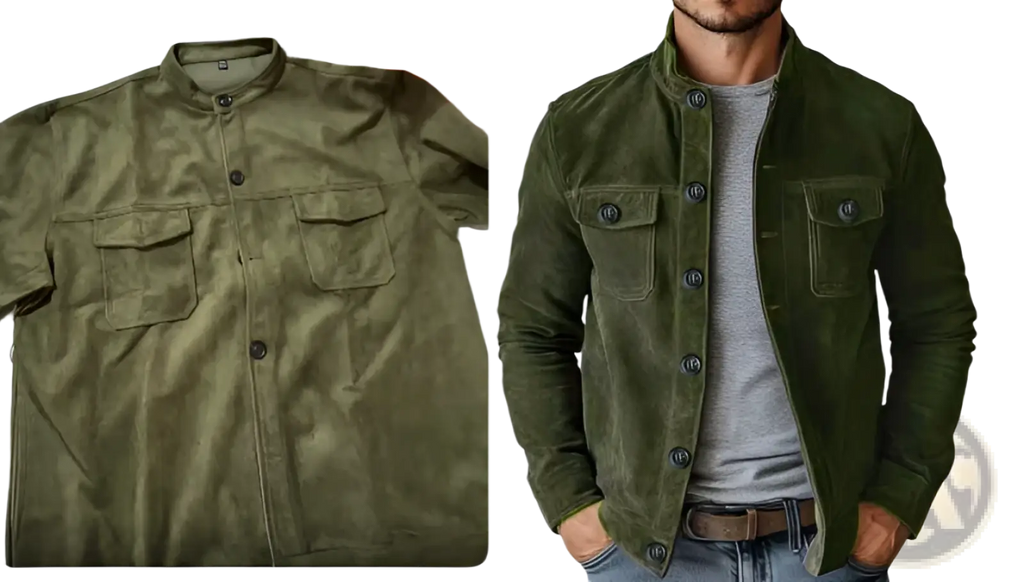 Men’s casual olive green faux suede slim fit motorcycle jacket with button closures and two chest pockets