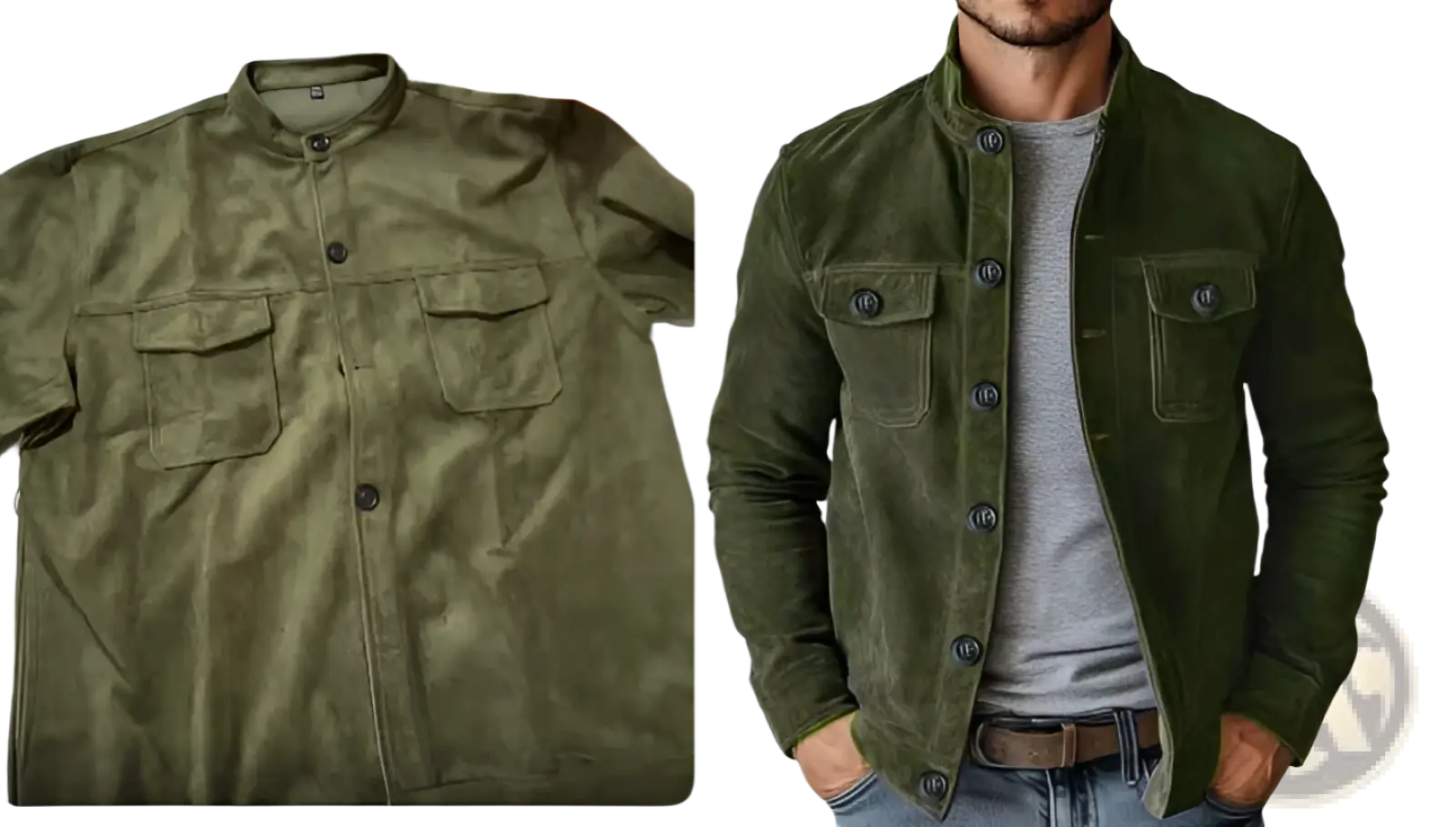 Men’s casual olive green faux suede slim fit motorcycle jacket with button closures and two chest pockets