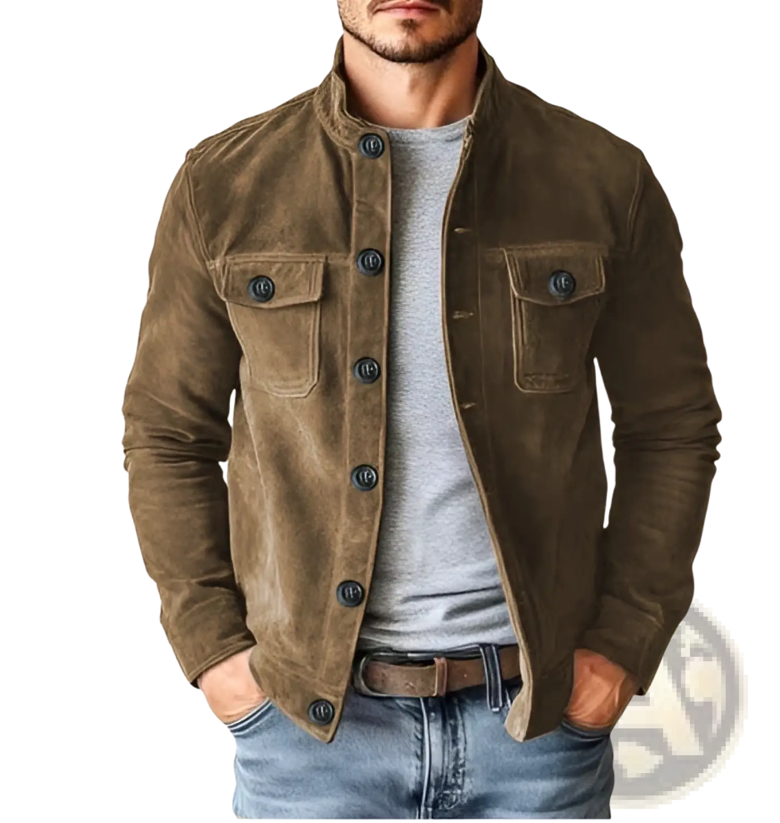 Men’s casual faux suede slim fit motorcycle jacket in brown with dark blue buttons and two chest pockets
