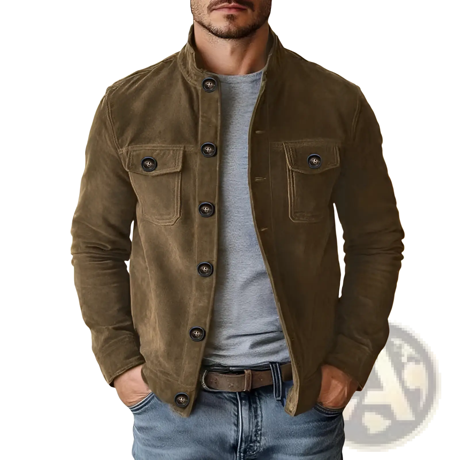 Men’s casual olive green faux suede slim fit motorcycle jacket with dark buttons and chest pocket