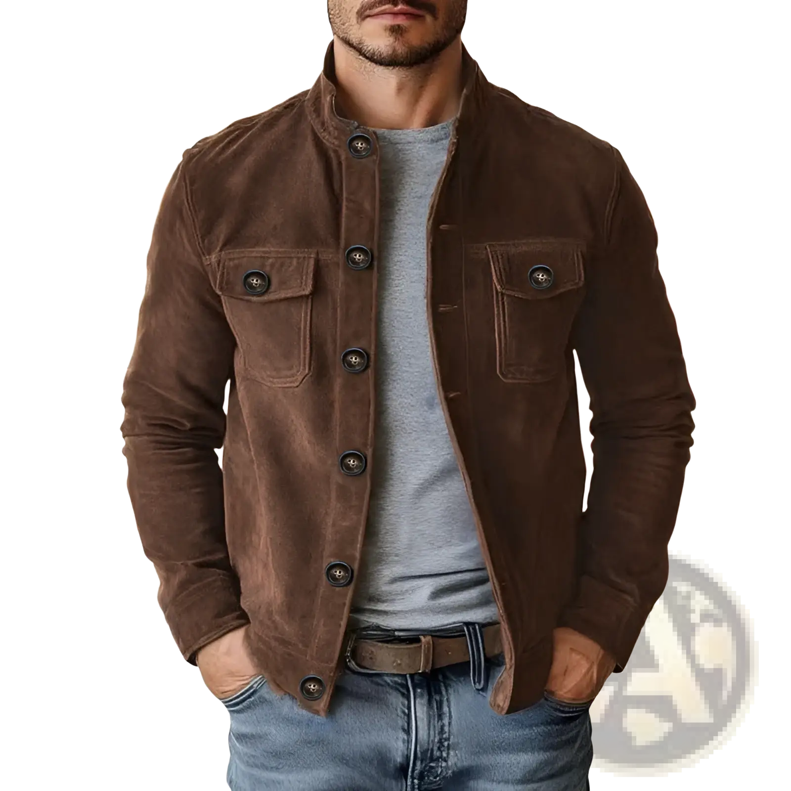 Men’s casual slim fit motorcycle jacket in brown faux suede with black buttons and two front pockets
