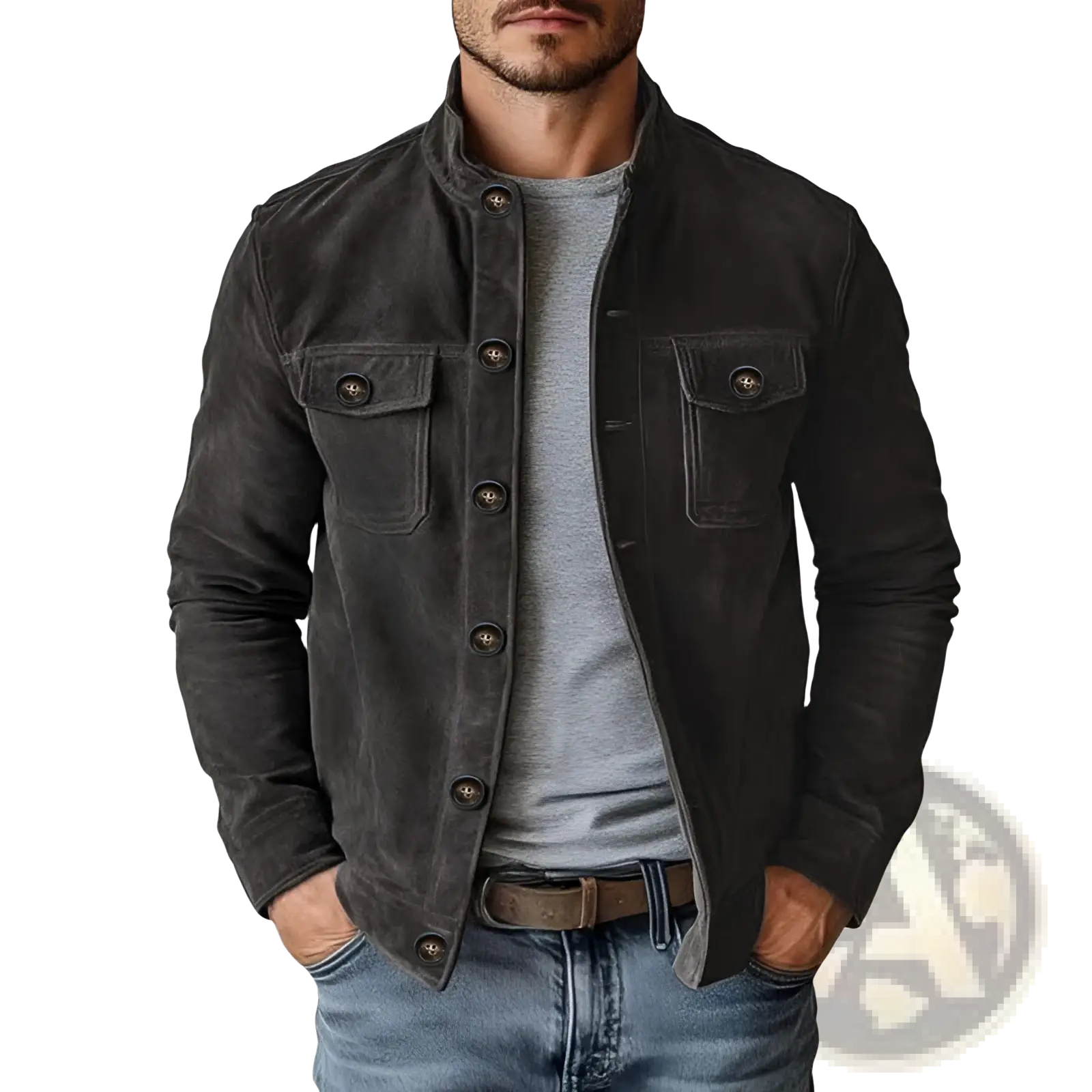 Men’s casual faux suede slim fit motorcycle jacket in dark gray with two front flap pockets and matching buttons