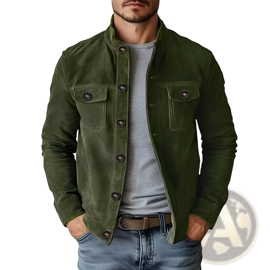 Men’s casual olive green faux suede slim fit motorcycle jacket with dark brown buttons and two front flap pockets