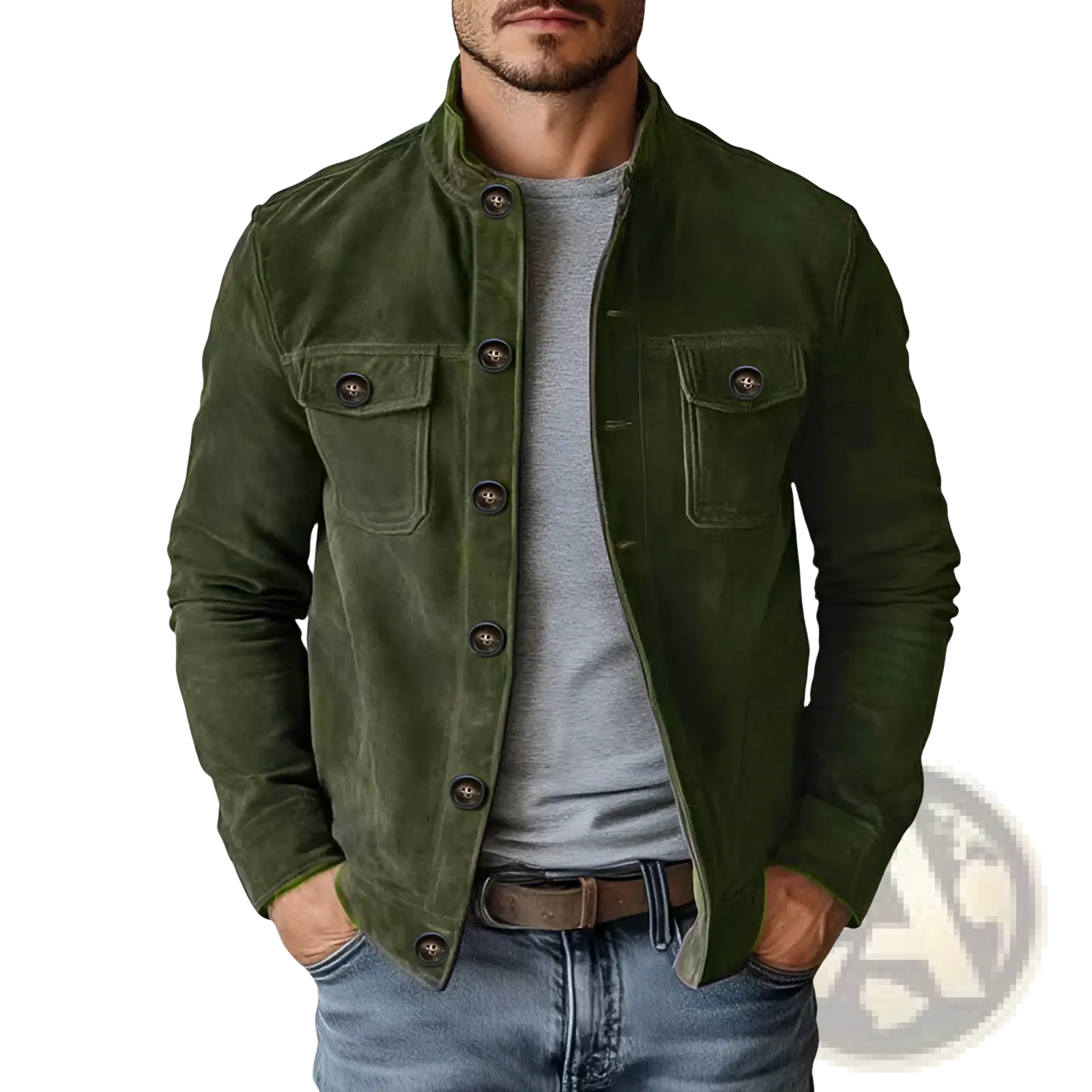 Men’s casual olive green faux suede slim fit motorcycle jacket with dark brown buttons and two front flap pockets