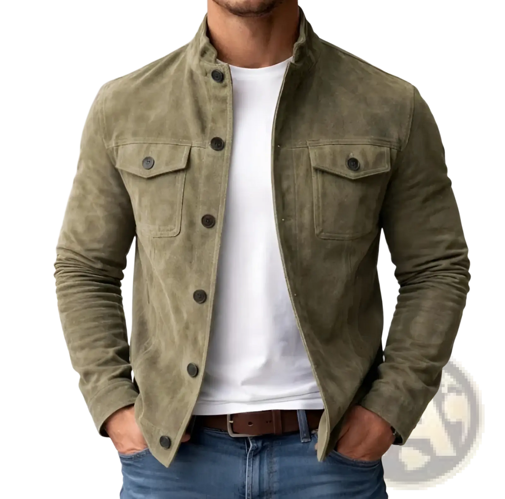 Men’s casual olive green faux suede slim fit motorcycle jacket with dark brown buttons and two chest pockets