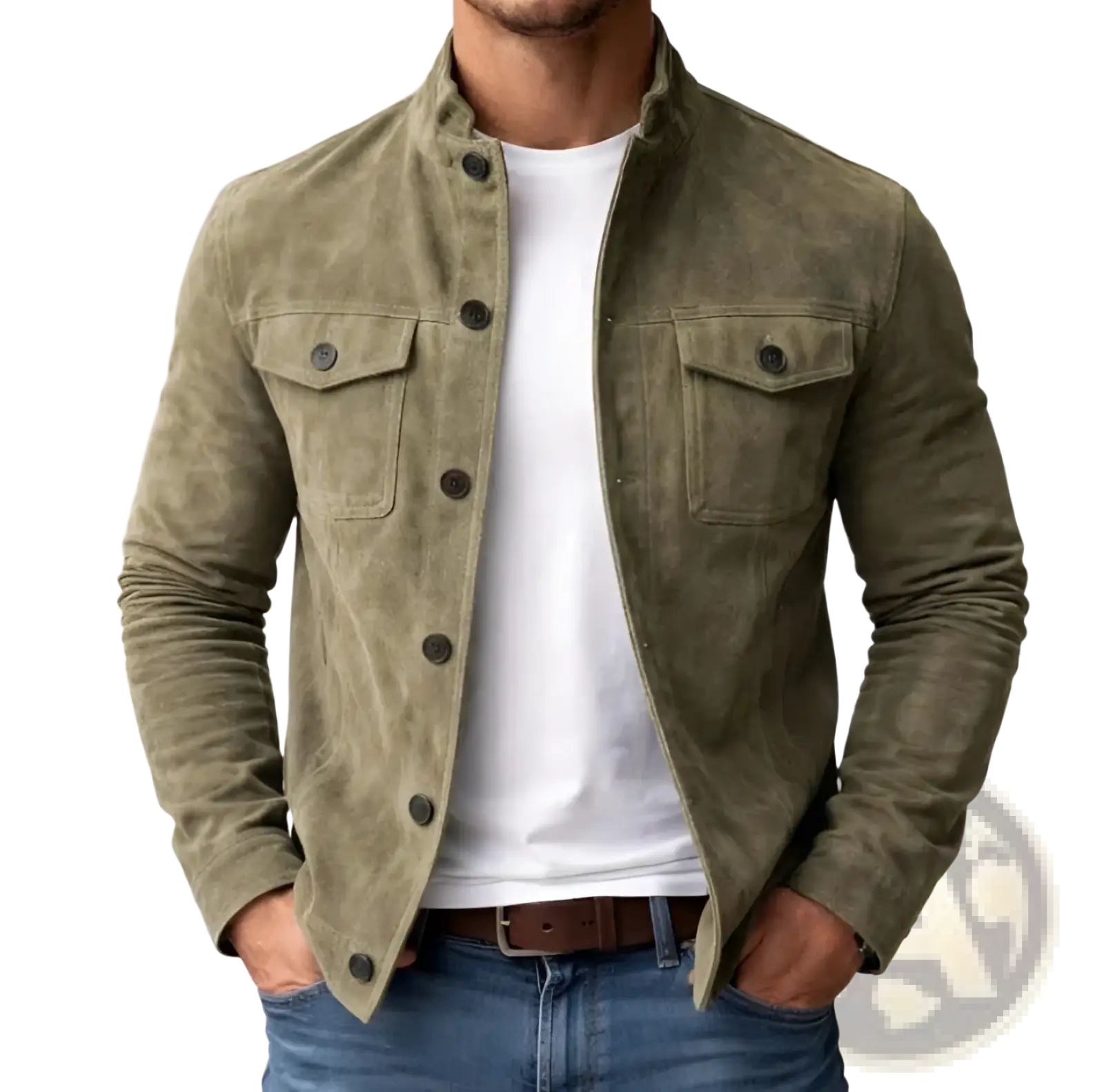 Men’s casual olive green faux suede slim fit motorcycle jacket with dark brown buttons and two chest pockets