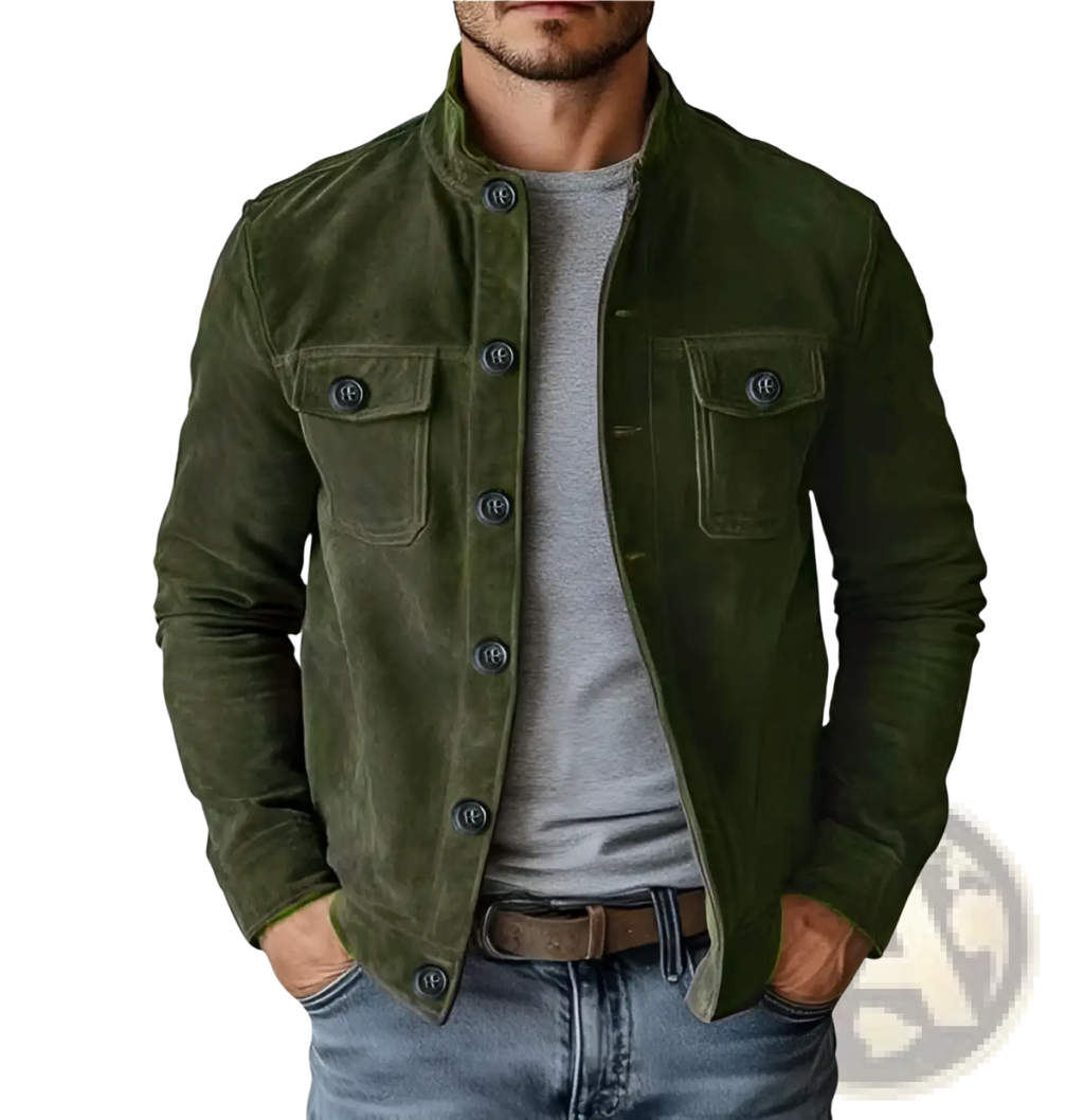 Men’s casual olive green faux suede slim fit motorcycle jacket with dark buttons and two front flap pockets